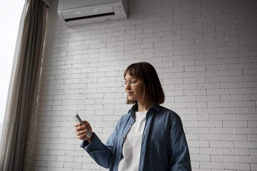 woman using a device to test indoor air quality